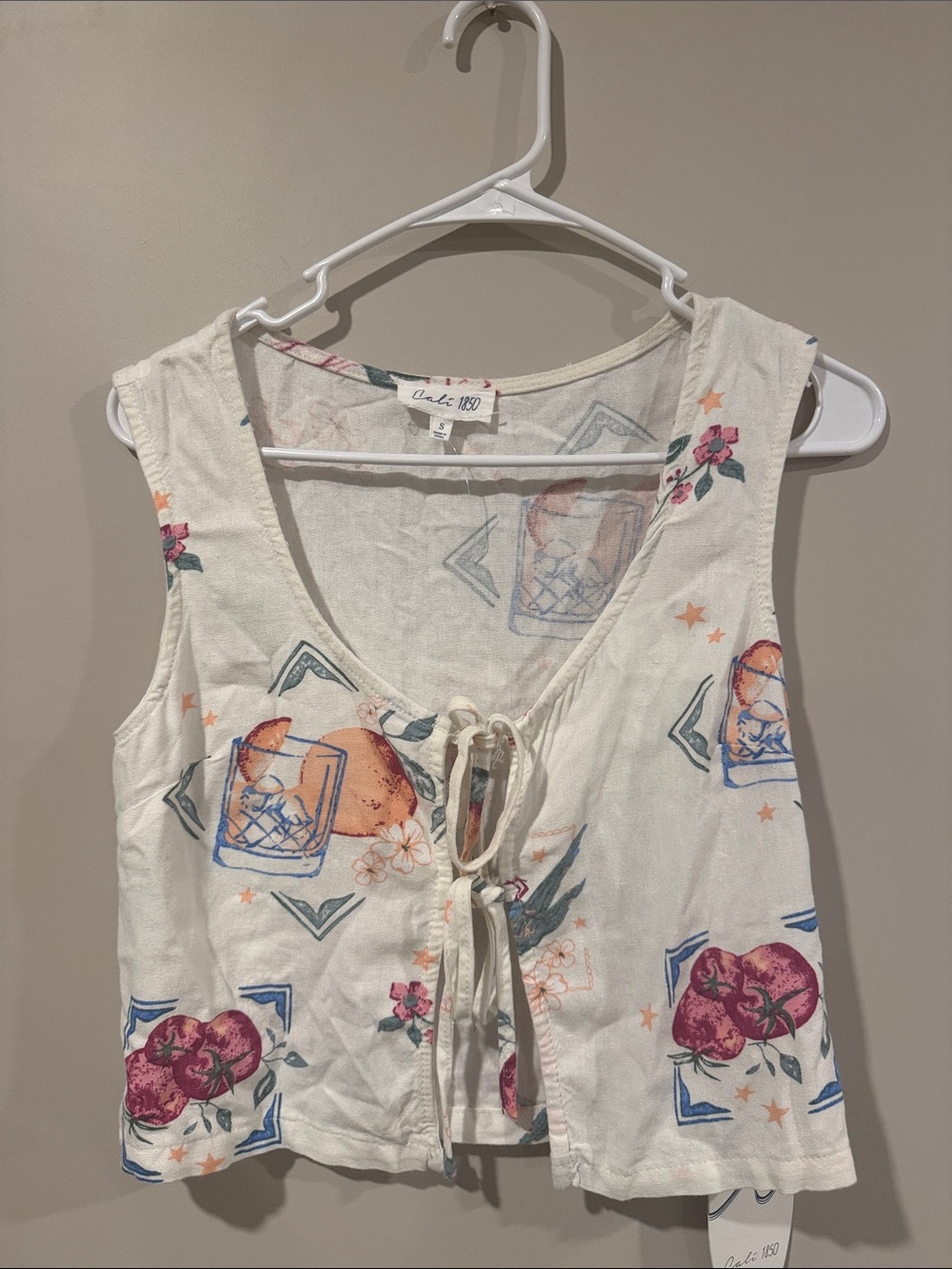 Casual White Floral & Fruit Tie-Front Camisole
